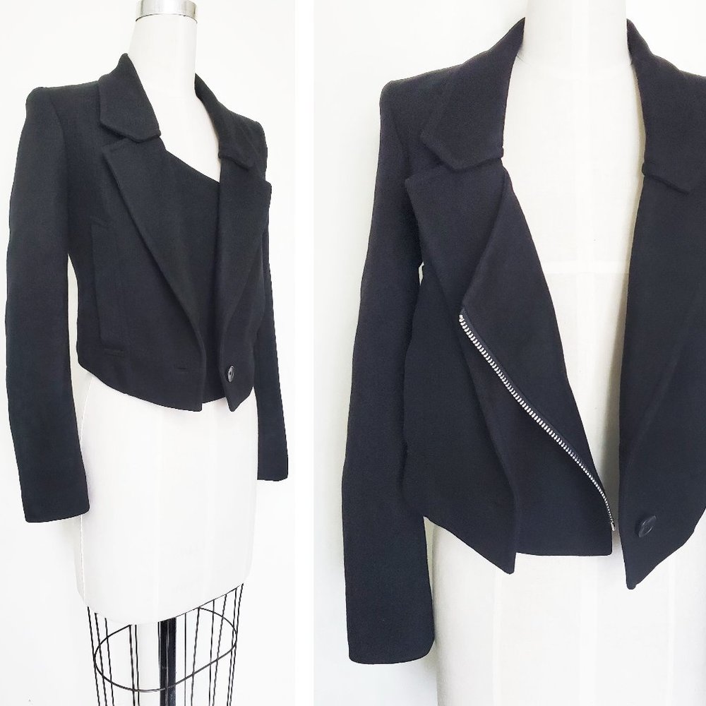 Kai-aakmann Womens Black Wool Cropped 1 Button Blazer Jacket Zipper Detail S